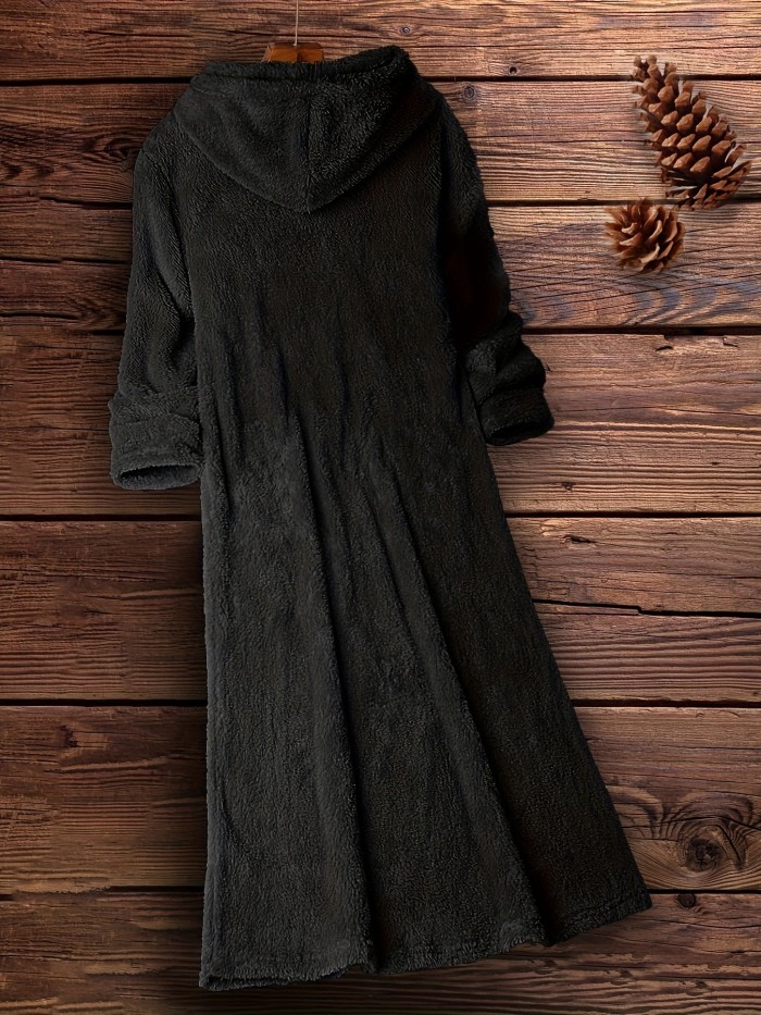 Fuzzy Hooded Midi Dress, Casual Pocket Front Solid Long Sleeve Dress, Women's Clothing
