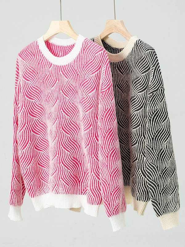 Long Sleeves Loose Contrast Color Split-Joint Round-Neck Pullovers Sweater Tops