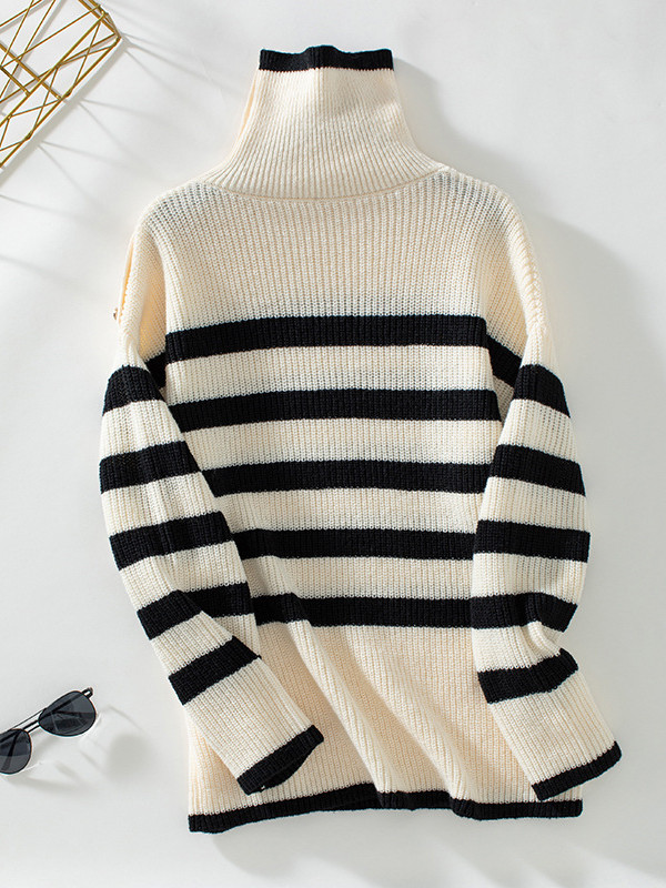 Long Sleeves Loose Buttoned Contrast Color Split-Joint Striped High Neck Pullovers Sweater Tops