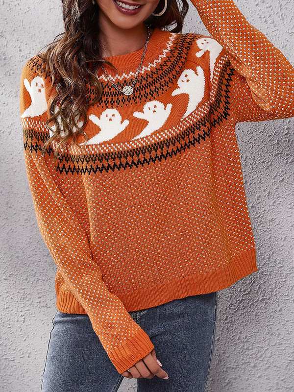 Long Sleeves Loose Contrast Color Printed Round-Neck Knitwear Pullovers Sweater Tops