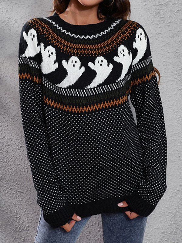 Long Sleeves Loose Contrast Color Printed Round-Neck Knitwear Pullovers Sweater Tops