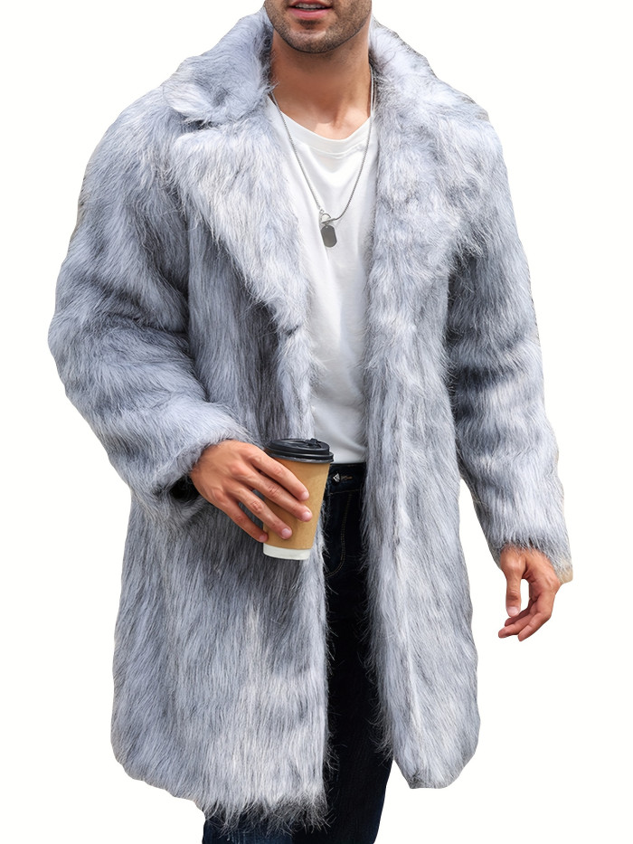Men's Solid Color Faux-fur Coat Mature Style Winter Warm Long Sleeve Jacket Open Front Overcoat