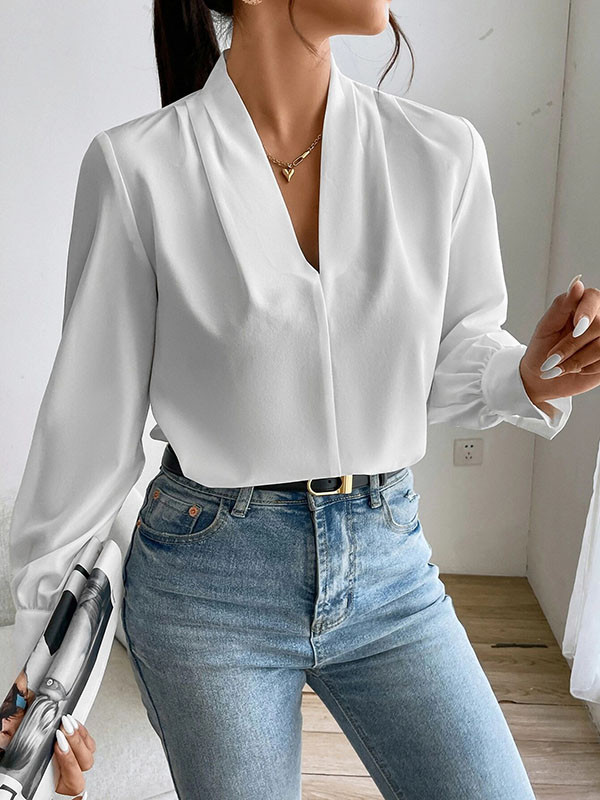 Long Sleeves Loose Pleated Solid Color Split-Joint V-Neck Blouses&Shirts Tops