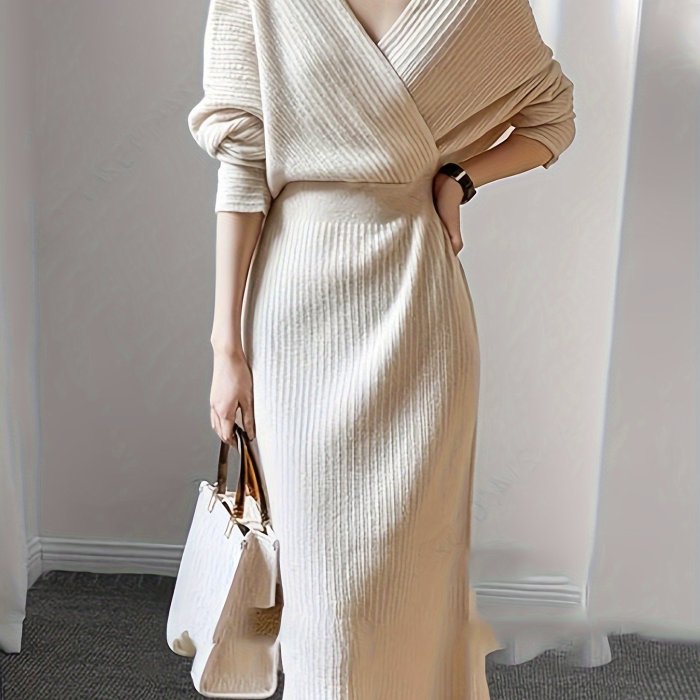 Cozy Surplice Neck Knitted Midi Dress - Soft, Elegant, Solid Color, Long Sleeve, Fall & Winter Essential - Women's Clothing for Chic Everyday Wear
