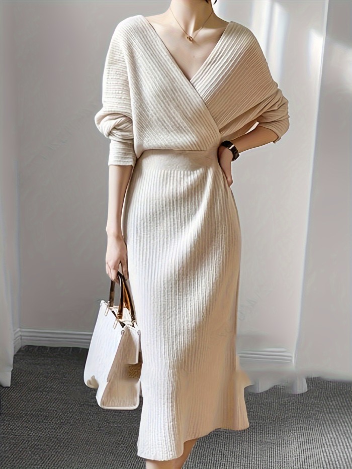 Cozy Surplice Neck Knitted Midi Dress - Soft, Elegant, Solid Color, Long Sleeve, Fall & Winter Essential - Women's Clothing for Chic Everyday Wear