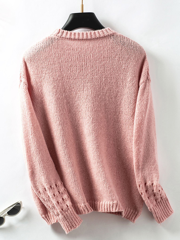 Long Sleeves Loose Hollow Solid Color Split-Joint Round-Neck Pullovers Sweater Tops