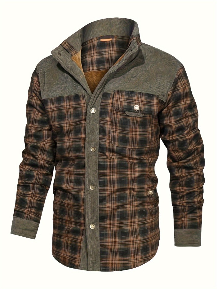 Men's Casual Retro Plaid Fleece Lined Shirt Coat For Fall Winter