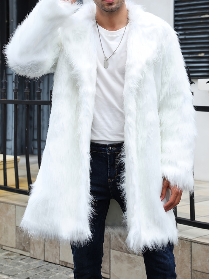Men's Solid Color Faux-fur Coat Mature Style Winter Warm Long Sleeve Jacket Open Front Overcoat
