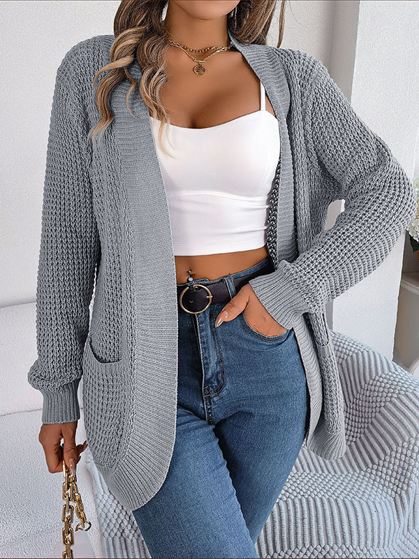Long Sleeves Loose Pockets Solid Color Split-Joint Collarless Cardigan Tops