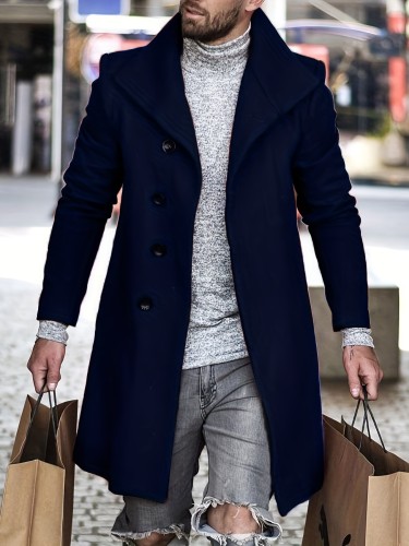 Men's Trendy Retro Solid Long Sleeve Coat Windbreaker Lapel Long Overcoat For Autumn Winter