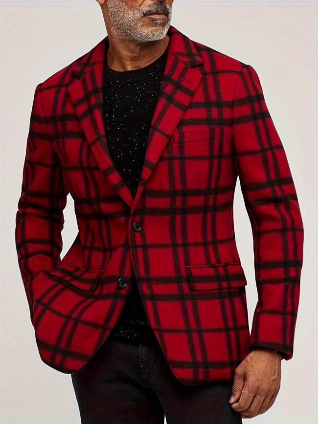 Men's Plaid Single Breasted Blazer Jacket, Fashion Tailored Fit Suit Coat With Notch Lapels For Daily Wear And Leisure Party