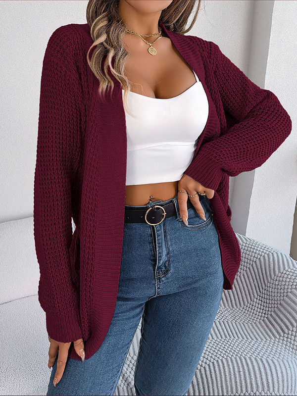 Long Sleeves Loose Pockets Solid Color Split-Joint Collarless Cardigan Tops