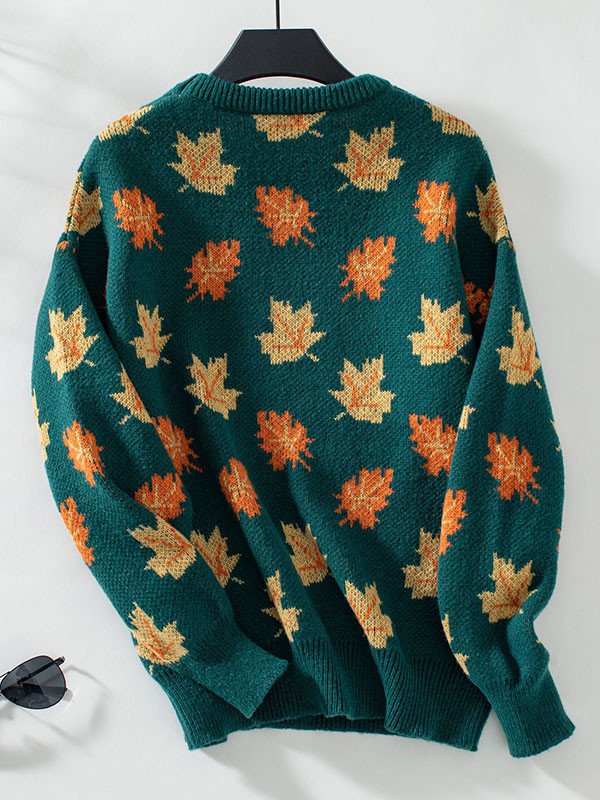Long Sleeves Loose Contrast Color Jacquard Knitted Leaves Split-Joint Round-Neck Pullovers Sweater Tops