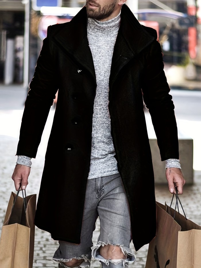 Men's Trendy Retro Solid Long Sleeve Coat Windbreaker Lapel Long Overcoat For Autumn Winter
