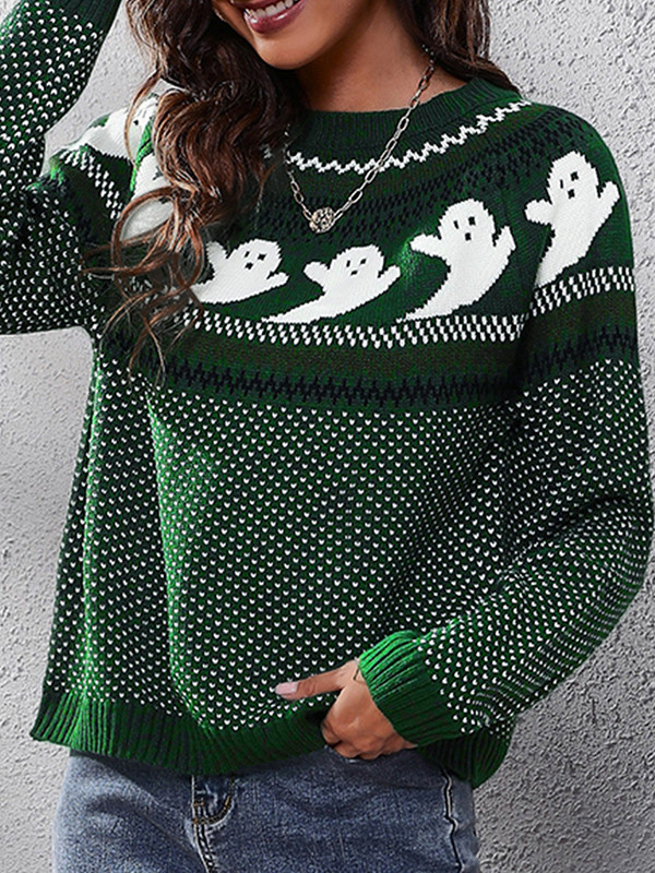 Long Sleeves Loose Contrast Color Printed Round-Neck Knitwear Pullovers Sweater Tops