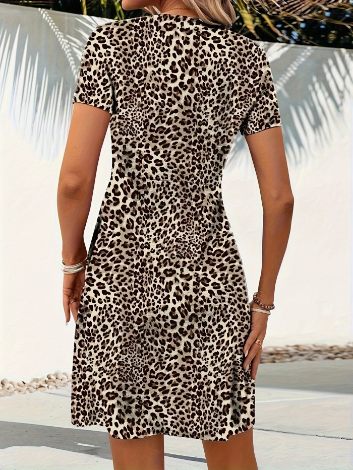 Leopard Print Twist Dress, Stylish Plunging Short Sleeve Midi Dress For Spring & Summer, Women's Clothing