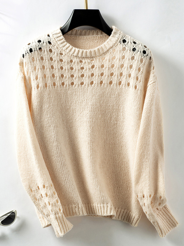 Long Sleeves Loose Hollow Solid Color Split-Joint Round-Neck Pullovers Sweater Tops