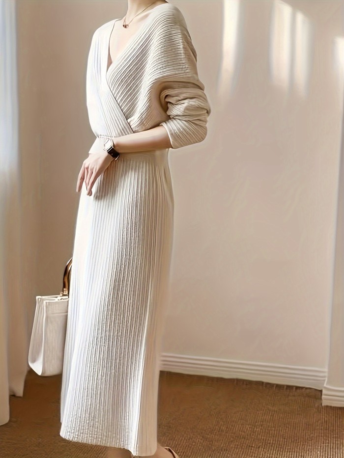 Cozy Surplice Neck Knitted Midi Dress - Soft, Elegant, Solid Color, Long Sleeve, Fall & Winter Essential - Women's Clothing for Chic Everyday Wear