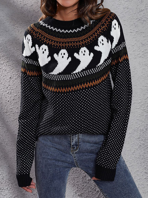 Long Sleeves Loose Contrast Color Printed Round-Neck Knitwear Pullovers Sweater Tops