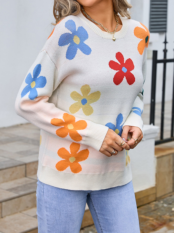 Long Sleeves Loose Knitted Flower Split-Joint Round-Neck Pullovers Sweater Tops