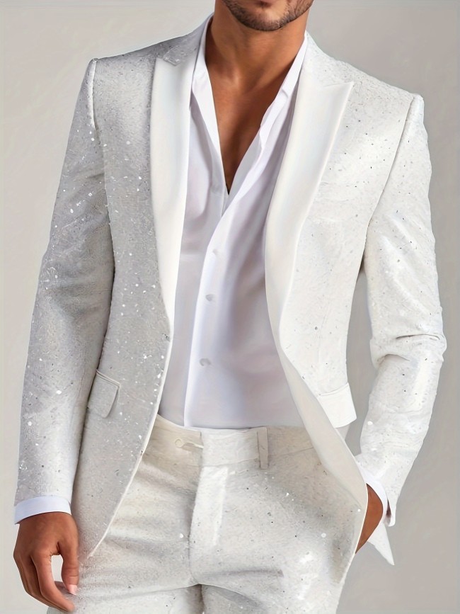 Mens Stylish Lapel Collar Solid Color Polyester Blazer - Single-Breasted, Regular Fit, Machine Washable, Silver Glitter Detail for Wedding Party and Banquet Occasions - Spring\u002FFall Season, Woven Non-Stretch Fabric