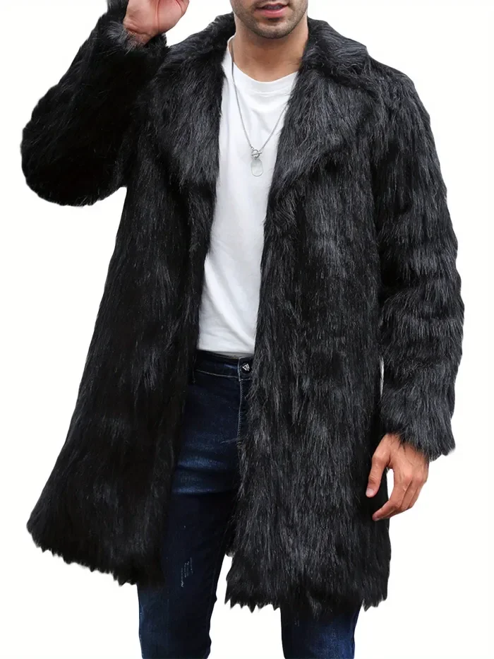 Men's Solid Color Faux-fur Coat Mature Style Winter Warm Long Sleeve Jacket Open Front Overcoat