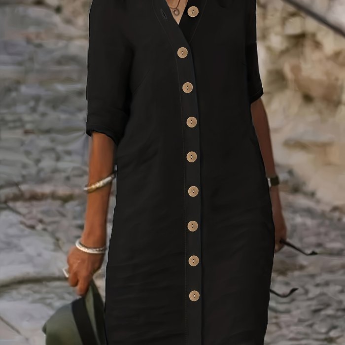 Button Front Half Sleeve Dress, Casual Solid Simple Midi Dress, Women's Clothing