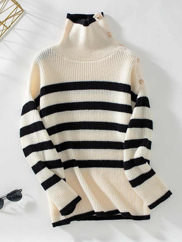 Long Sleeves Loose Buttoned Split-Joint Striped High Neck Sweater Tops