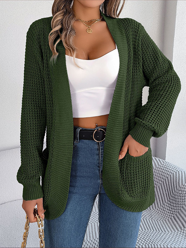 Long Sleeves Loose Pockets Solid Color Split-Joint Collarless Cardigan Tops