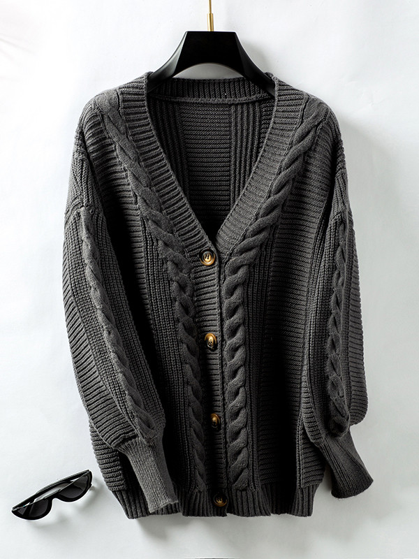 Long Sleeves Loose Buttoned Split-Joint V-Neck Cardigan Tops