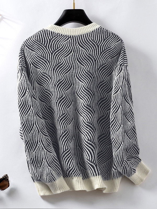 Long Sleeves Loose Contrast Color Split-Joint Round-Neck Pullovers Sweater Tops
