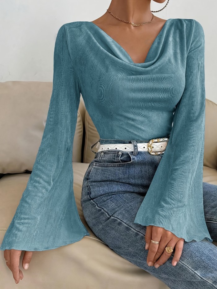 Vibrant Solid Color Slim Fit Flare Sleeve T-Shirt - Elegant Cowl Neck Design, Soft and Breathable Fabric, Perfect for Spring and Fall Season, Women's Clothing, Casual and Chic Top for Everyday Wear