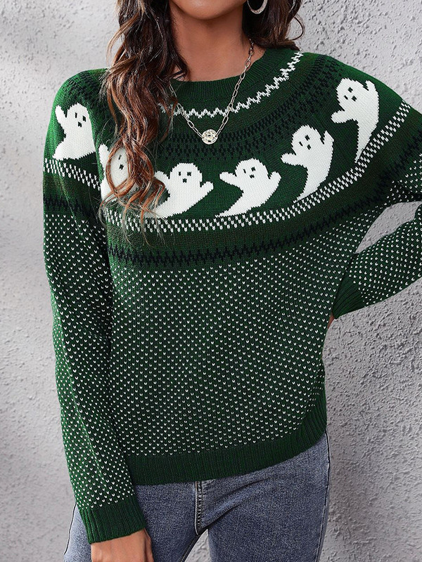 Long Sleeves Loose Contrast Color Printed Round-Neck Knitwear Pullovers Sweater Tops