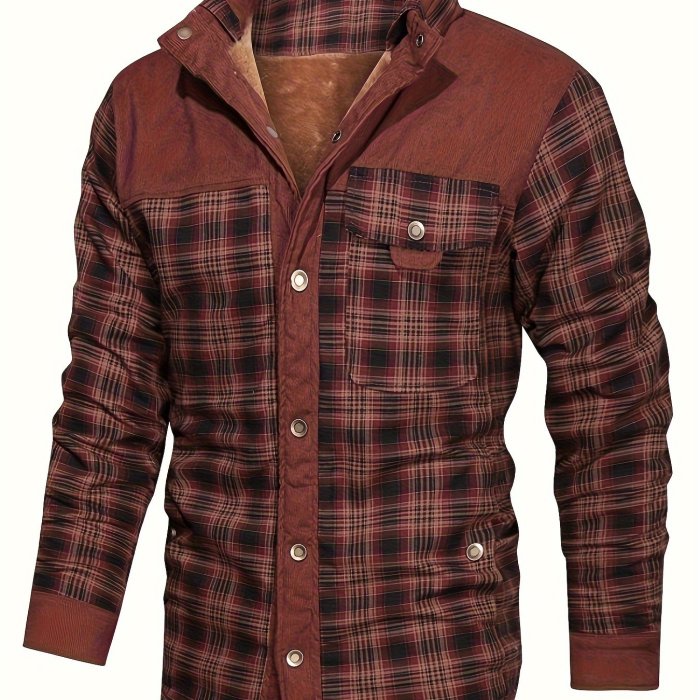 Men's Casual Retro Plaid Fleece Lined Shirt Coat For Fall Winter