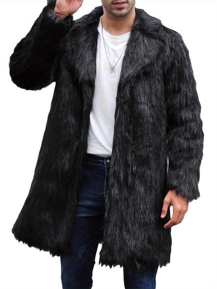 Men's Solid Color Faux-fur Coat Mature Style Winter Warm Long Sleeve Jacket Open Front Overcoat