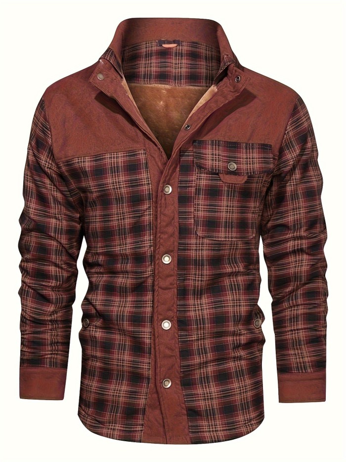Men's Casual Retro Plaid Fleece Lined Shirt Coat For Fall Winter