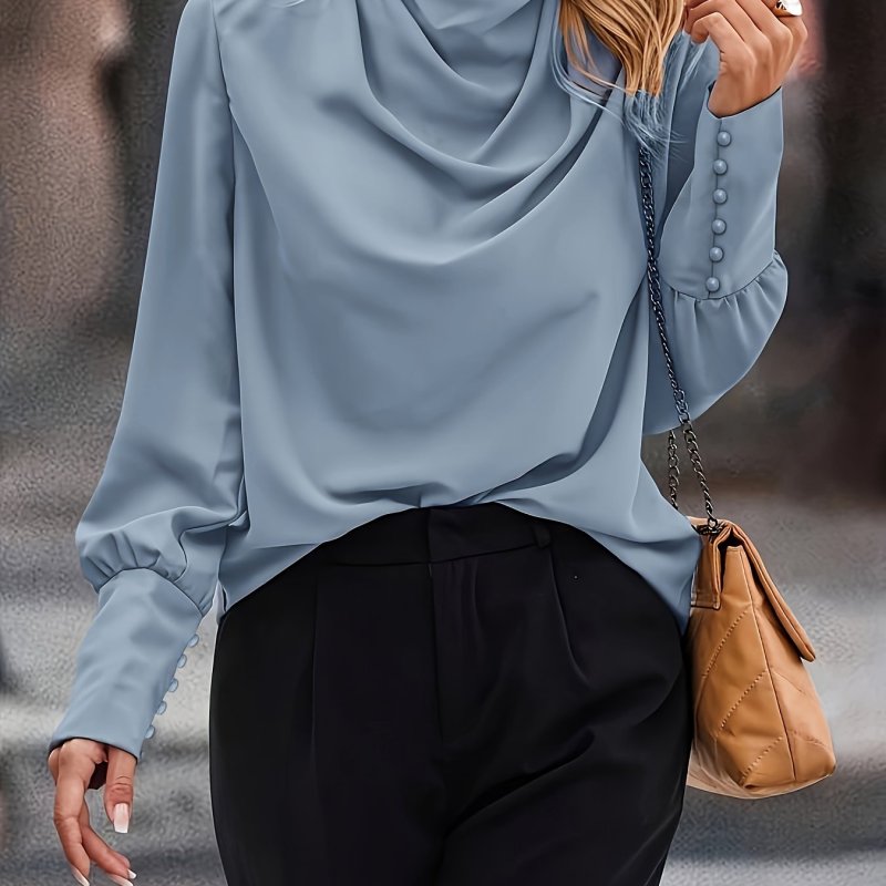 Stylish Solid Cowl Neck Blouse - Elegant Long Sleeve Top with Comfortable Fit, Versatile for Spring & Fall Seasons, Womens Clothing for Everyday Wear