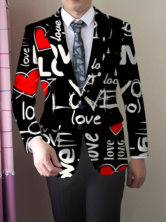 Men's Fashion Suit Jacket Polyester Blend with Elastane, Mature Lapel Style, Long Sleeve, Regular Fit, Non-Waterproof, All-Season, Love Alphabet Print, Slight Stretch Fabric - Stylish Casual Blazer for Men