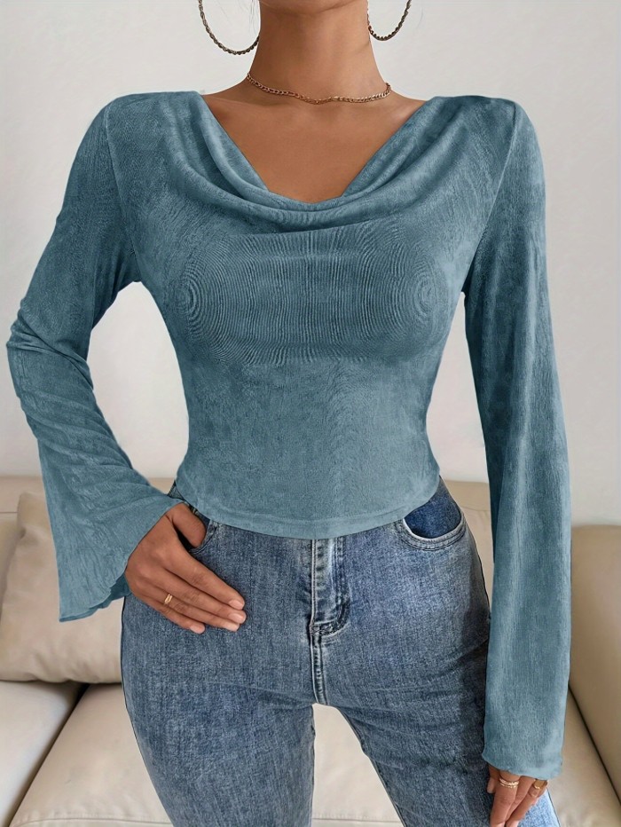Vibrant Solid Color Slim Fit Flare Sleeve T-Shirt - Elegant Cowl Neck Design, Soft and Breathable Fabric, Perfect for Spring and Fall Season, Women's Clothing, Casual and Chic Top for Everyday Wear