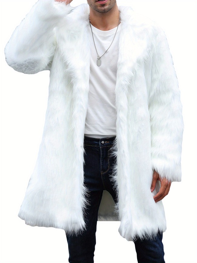 Men's Solid Color Faux-fur Coat Mature Style Winter Warm Long Sleeve Jacket Open Front Overcoat
