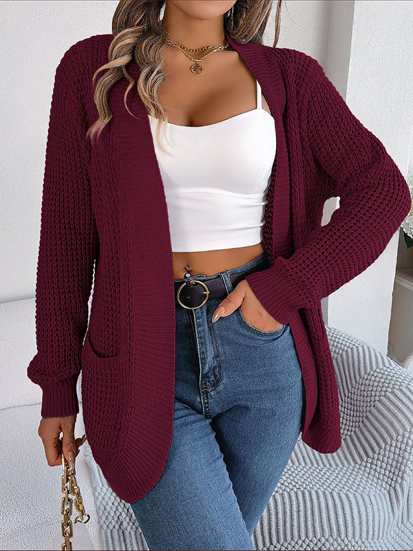 Long Sleeves Loose Pockets Solid Color Split-Joint Collarless Cardigan Tops