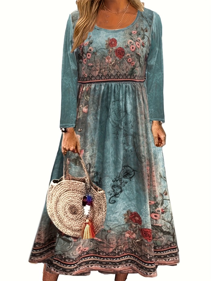 Floral Print Midi Dress, Boho Crew Neck Long Sleeve Loose Dress, Women's Clothing