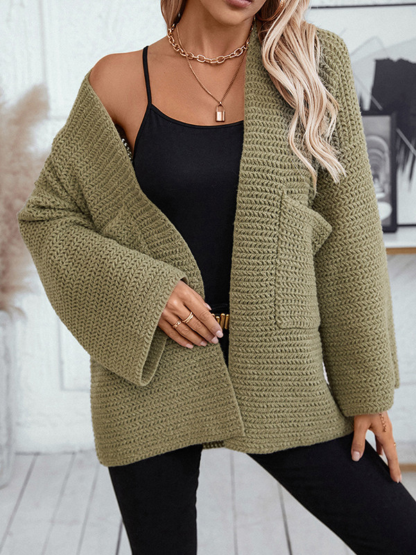 Long Sleeves Loose Pockets Solid Color Split-Joint Collarless Cardigan Tops