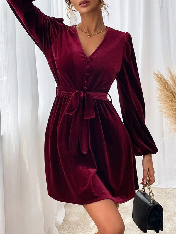 A-Line Long Sleeves Buttoned Elasticity Solid Color Split-Joint Tied Waist Velvet V-Neck Mini Dresses