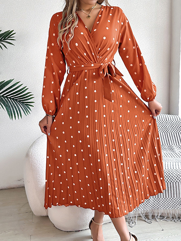 A-Line High Waisted Elasticity Pleated Polka-Dot Split-Joint Tied Waist V-Neck Midi Dresses Shirt Dress