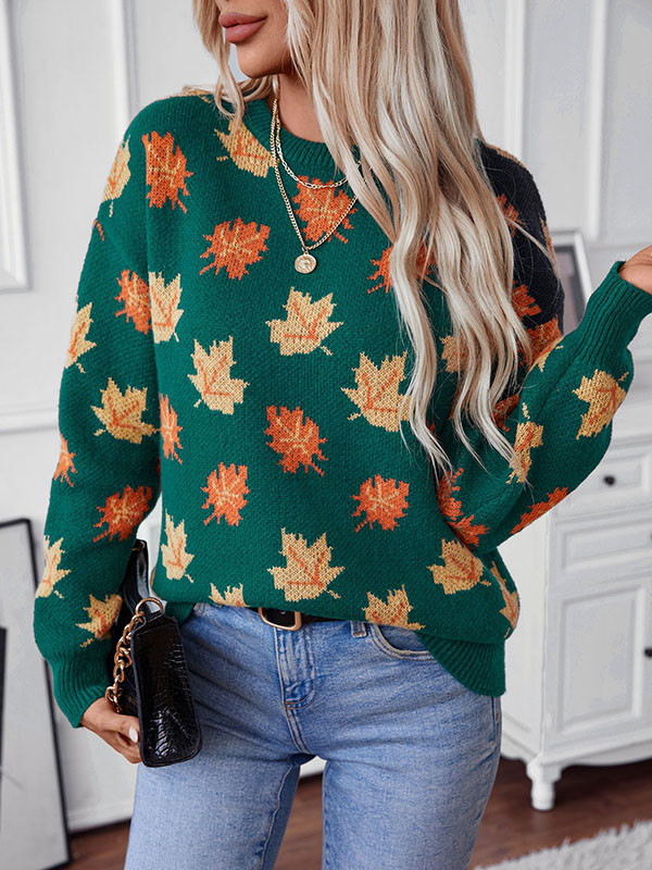 Long Sleeves Loose Contrast Color Jacquard Knitted Leaves Split-Joint Round-Neck Pullovers Sweater Tops