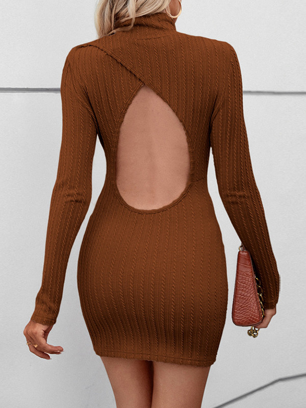 A-Line Bodycon Backless Solid Color Split-Joint Mock Neck Mini Dresses