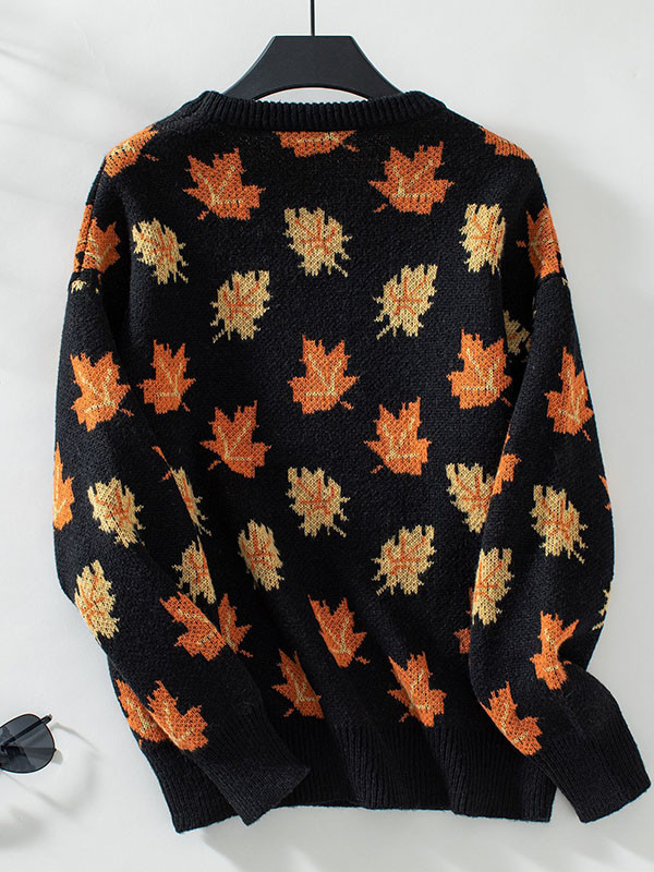 Long Sleeves Loose Contrast Color Jacquard Knitted Leaves Split-Joint Round-Neck Pullovers Sweater Tops