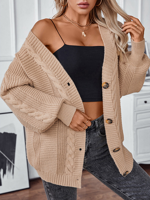 Long Sleeves Loose Buttoned Split-Joint V-Neck Cardigan Tops