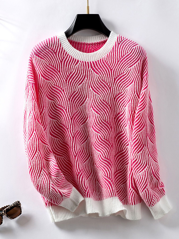 Long Sleeves Loose Contrast Color Split-Joint Round-Neck Pullovers Sweater Tops